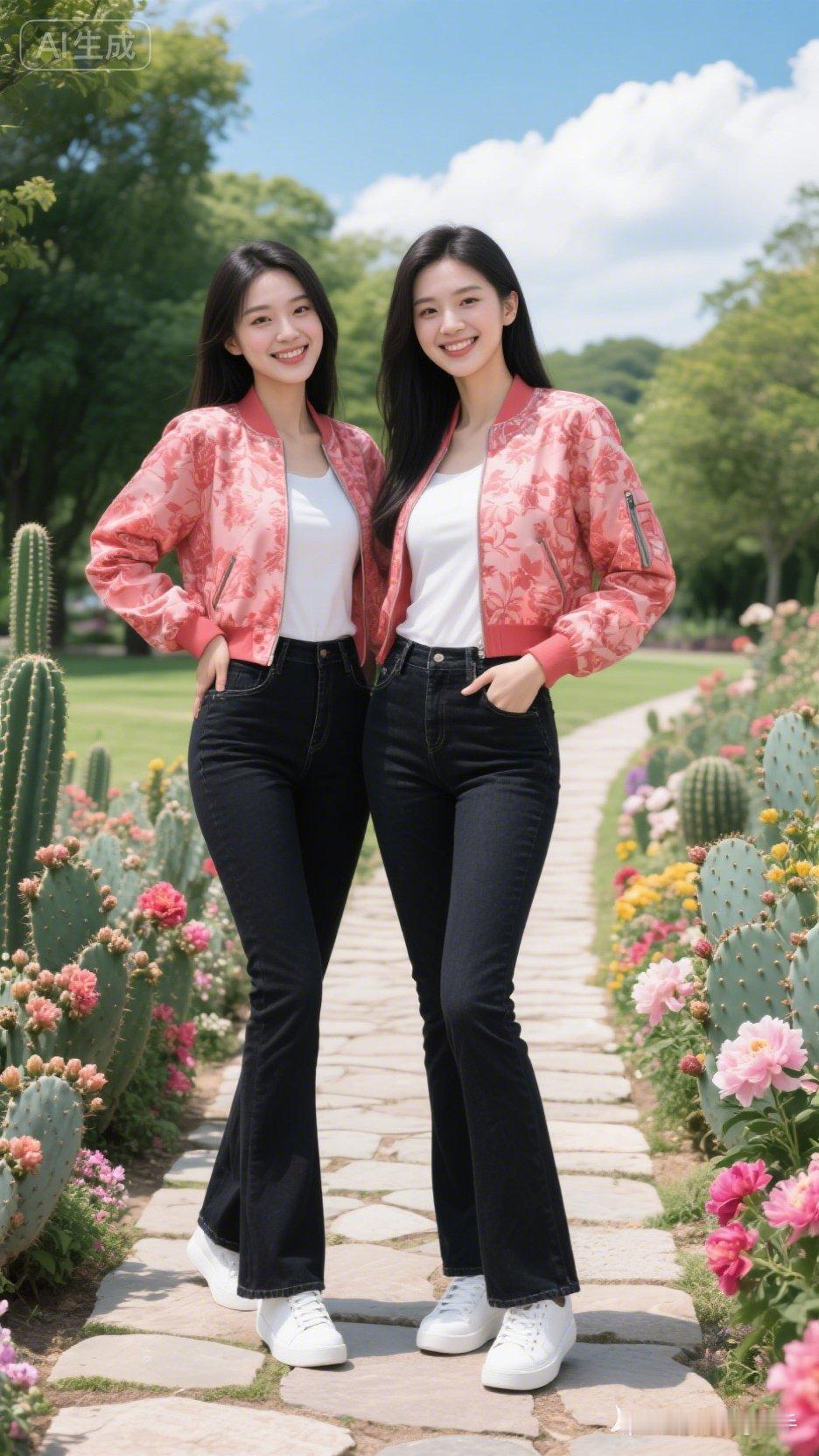姐妹花穿搭指南：同款粉色夹克，搭配牛仔裤，元气满满！🌸💕
都是单身女你若是男