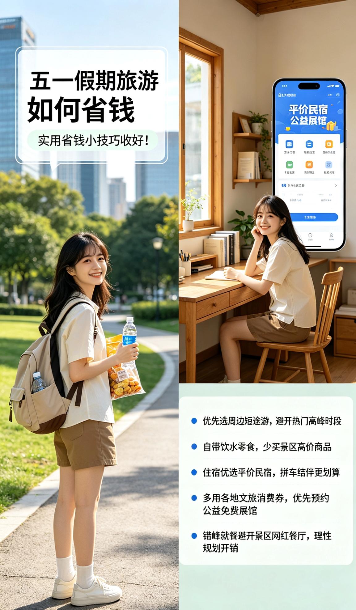 五一假期旅游如何省钱
 
五一出游不想乱花钱，实用省钱小技巧收好！优先选周边短途