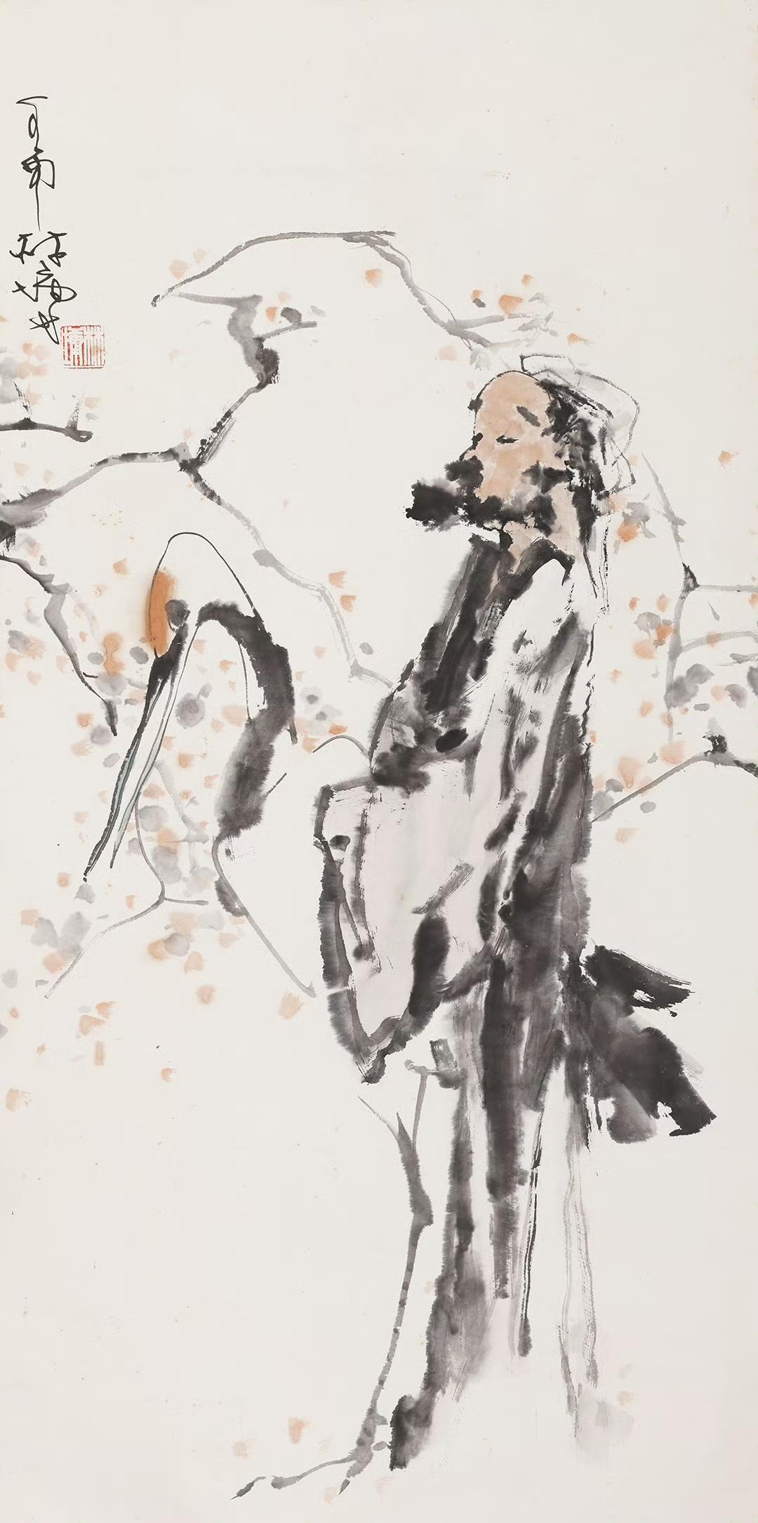 林墉笔下的《梅妻鹤子》，展现出一种超凡脱俗的意境。那梅花的高洁、仙鹤的优雅，与人