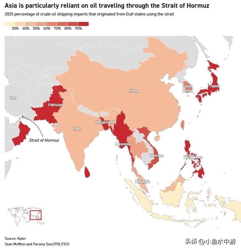亚洲对经由霍尔木兹海峡运输的石油高度依赖。图中颜色越深，代表来自波斯湾、且必须通