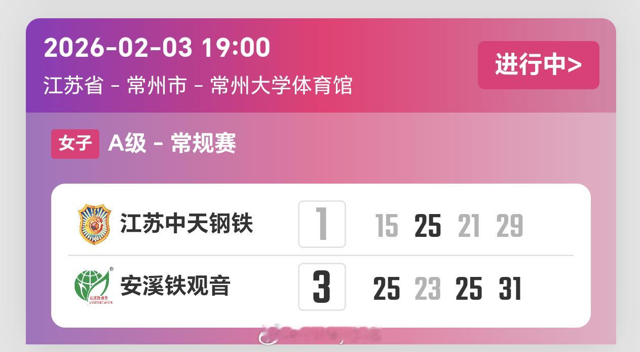 2025-2026赛季中国女子排球超级联赛第14轮，江苏女排1比3福建女排（15