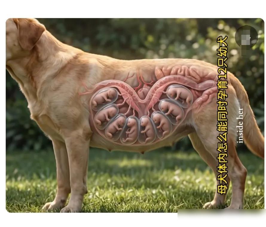 母犬怀孕之后，十几只幼犬会分布在子宫的两个子宫角里面。

养了这么多年狗，我最想