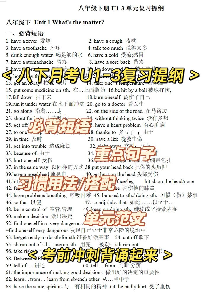 八年级下册英语月考复习内容出炉啦！保存！