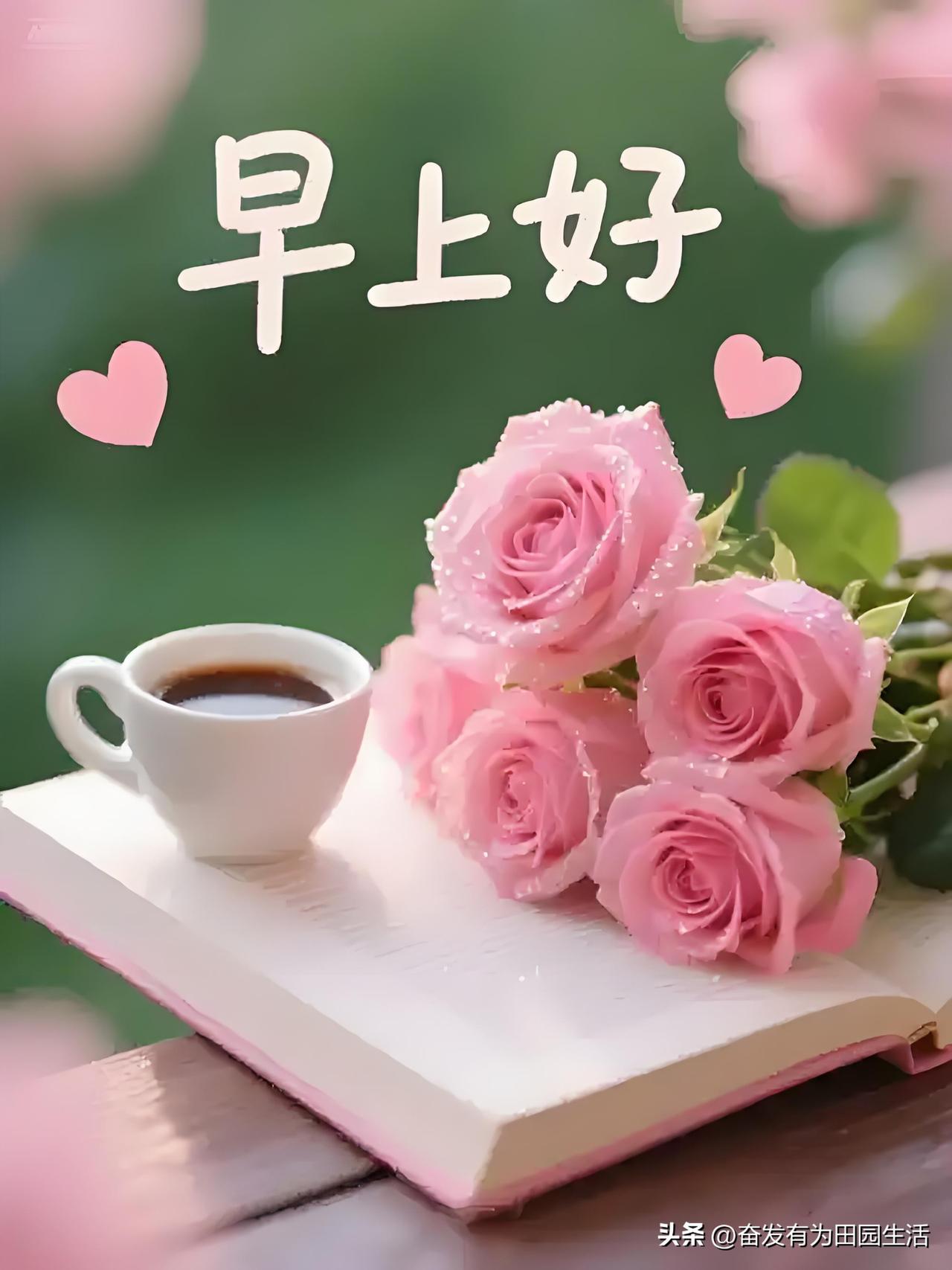 “早安，粉玫瑰与咖啡的浪漫邂逅”🌹☕️📖