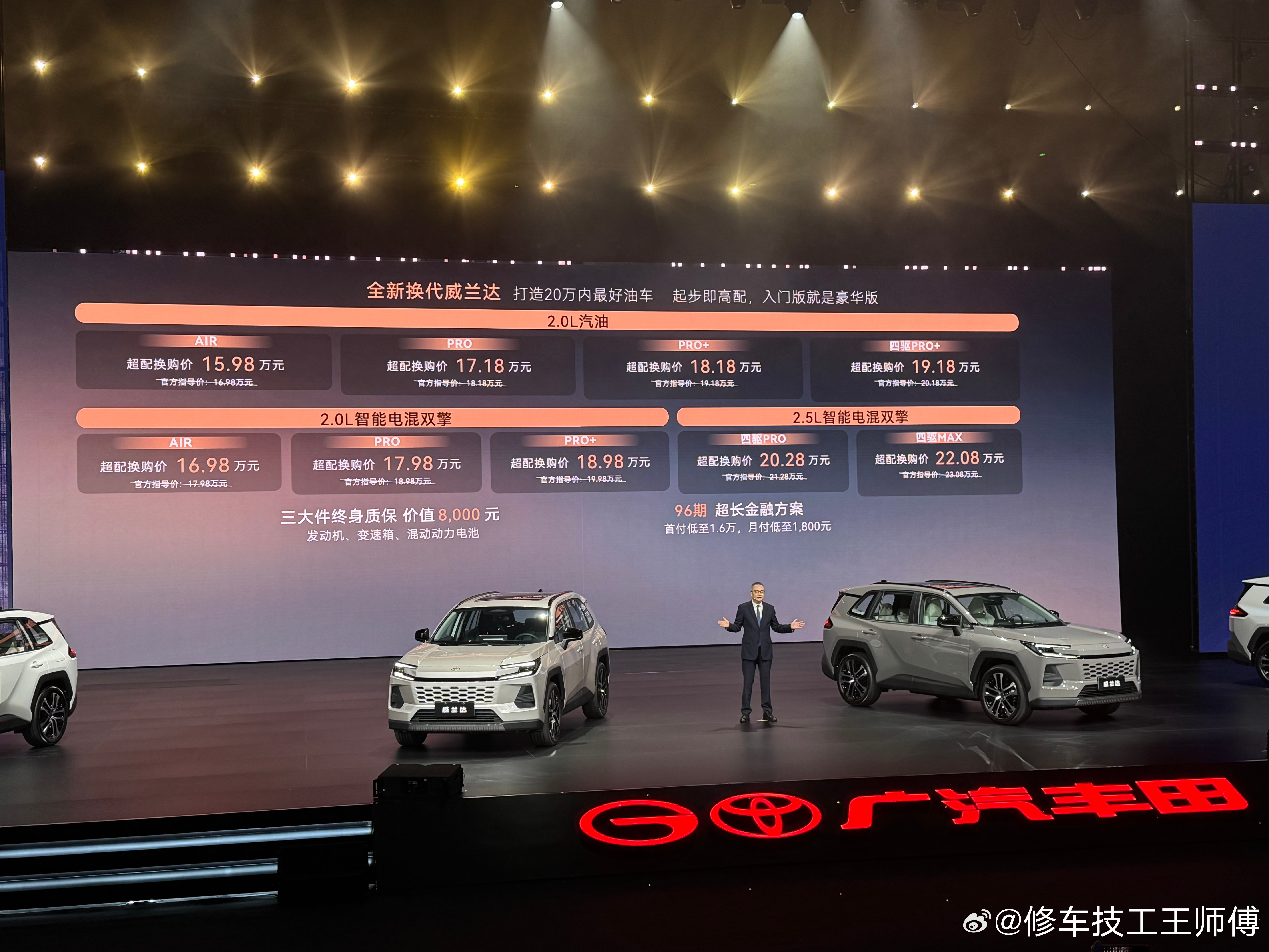 新一代丰田威兰达今天上市了，全系享受1万元置换补贴，置换价15.98-22.08