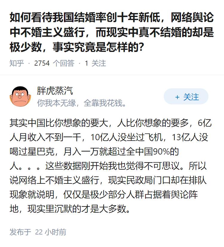 如何看待我国结婚率创十年新低，网络舆论中不婚主义盛行，而现实中真不结婚的却是极少