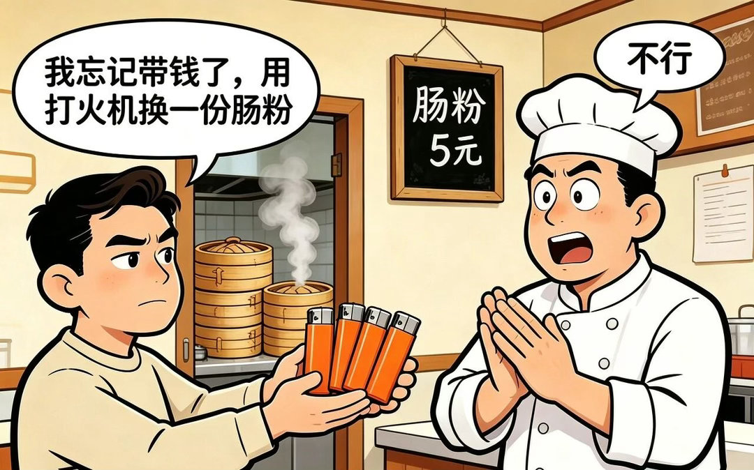 诉求人反映他在财富广场的一家肠粉店，自己忘带手机问商家能不能用几个打火机换一份四