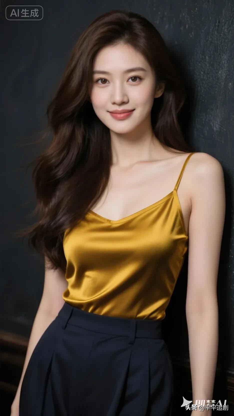 鎏金缎面吊带衬出温柔肌理，深黑背景里，每一缕光泽都在诉说优雅，抬眼一笑，便是自带