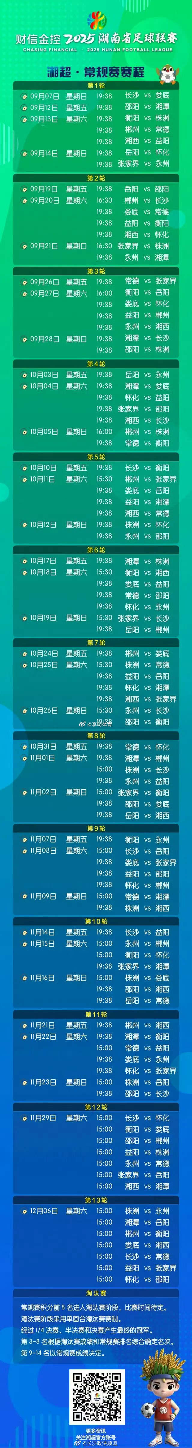 湘超常规赛完整赛程来了 19点38分开球，这个寓意很好 ​​​