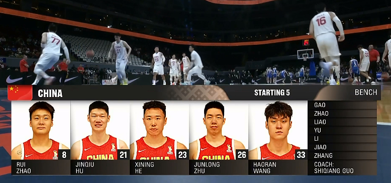 中国队先发不变，赵睿、胡金秋、贺希宁、朱俊龙、王浩然。中国男篮vs中国台北男篮