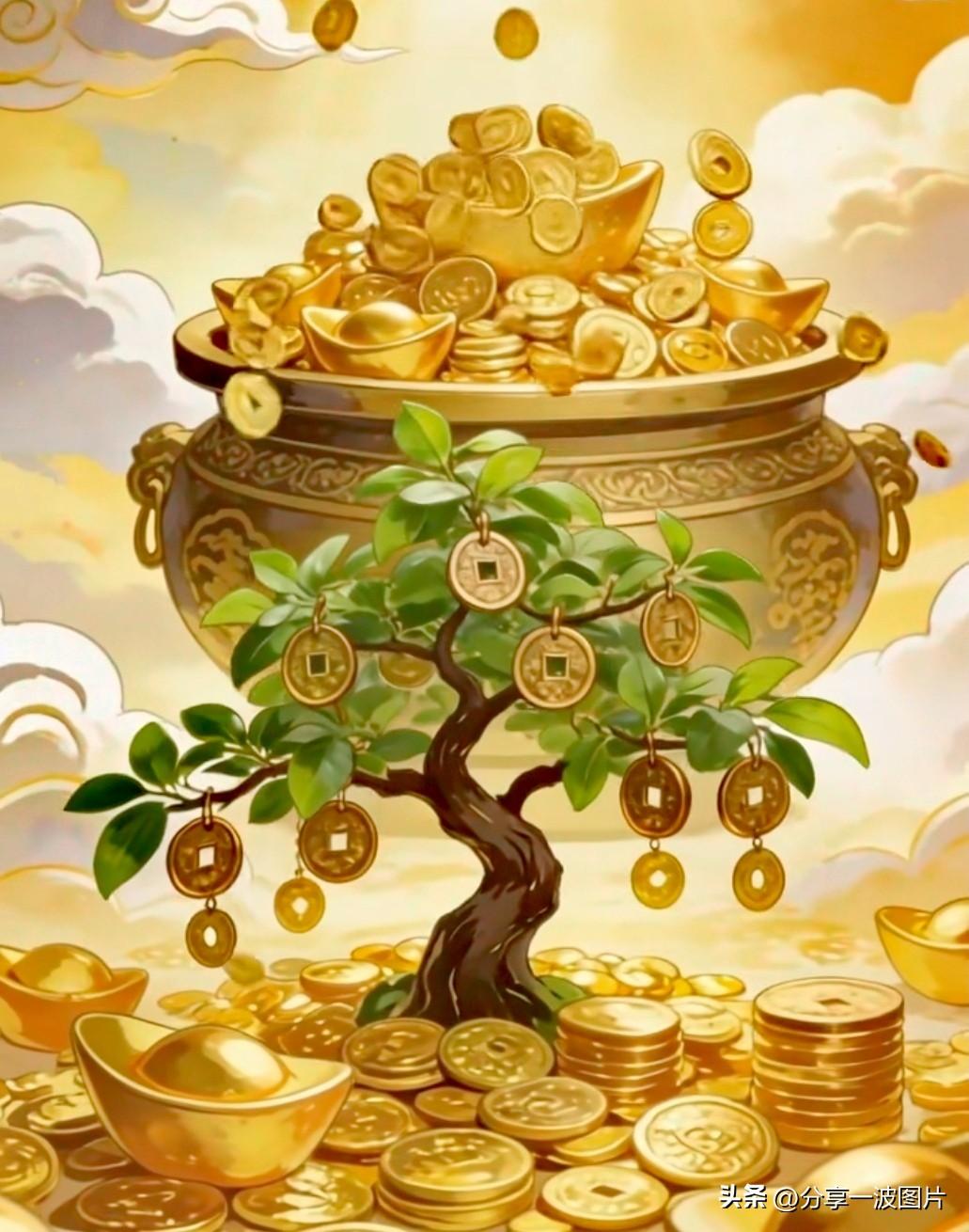 聚宝盆里聚百福，
摇钱树下落千金。