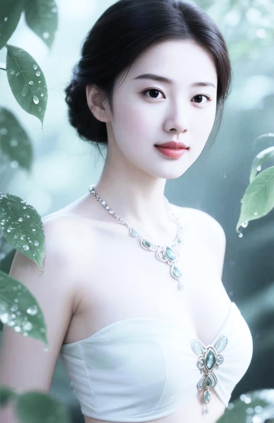 一位仙女在绿叶间微笑。