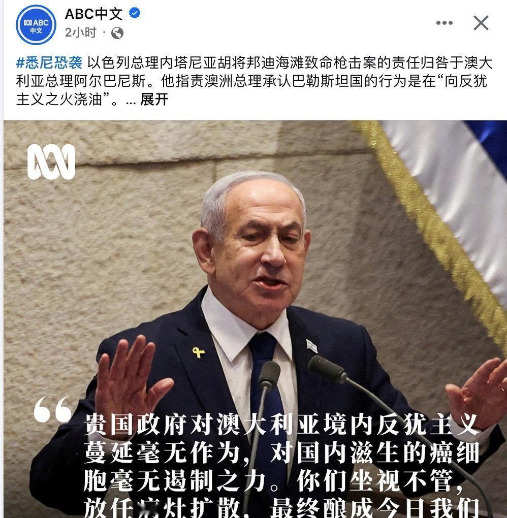 悉尼恐袭 以色列总理内塔尼亚胡将邦迪海滩致命枪击案的责任归咎于澳大利亚总理阿尔巴