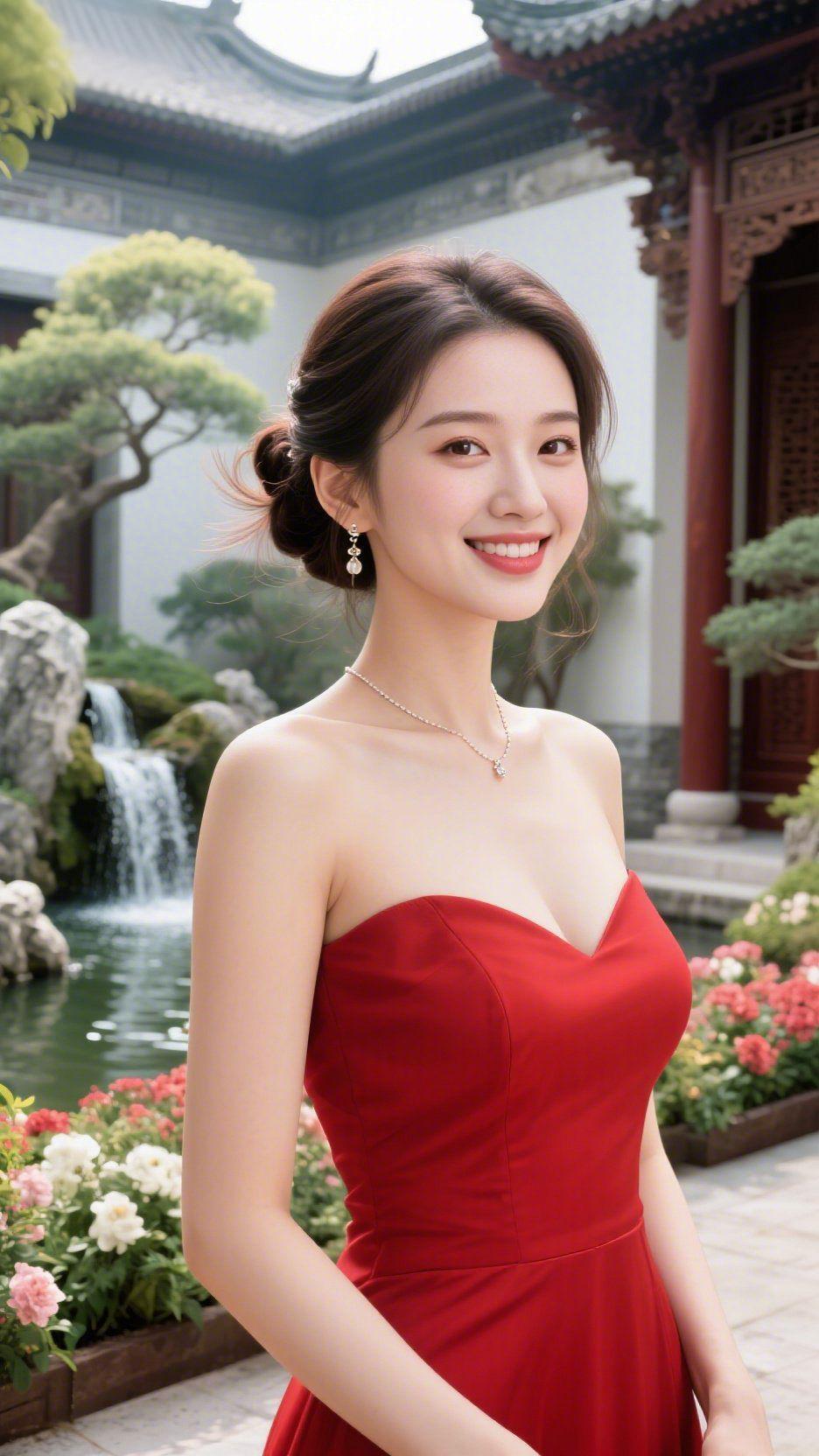 红裙伴春古院间
 
白墙黛瓦的院角，流泉轻绕石缝，她立在花簇旁，红裙如裁得半缕春