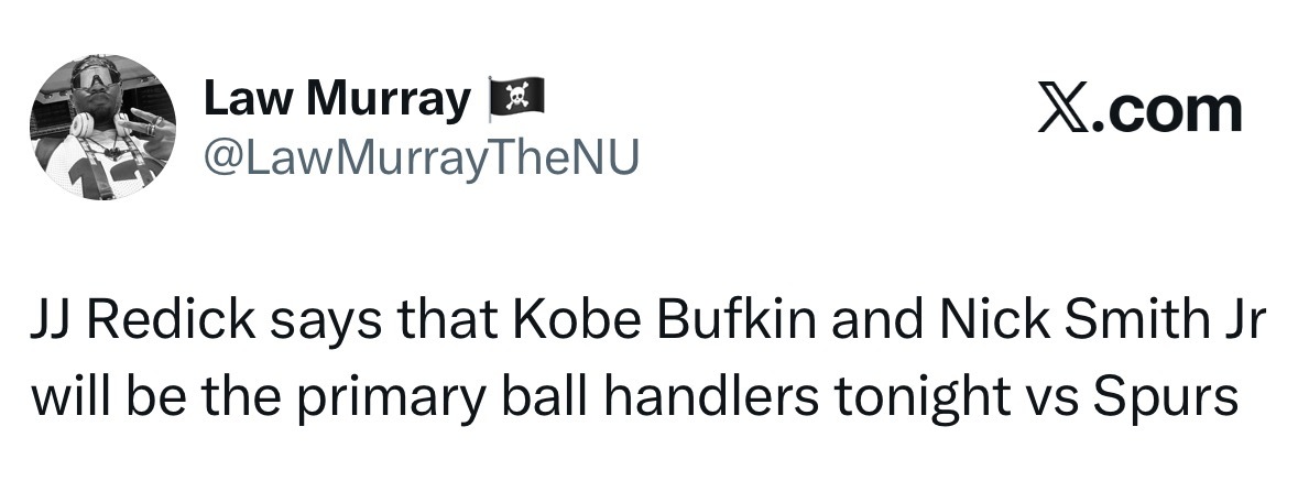 雷迪克表示，今晚对阵马刺的比赛，巴夫金和史密斯将担任主要持球手。 