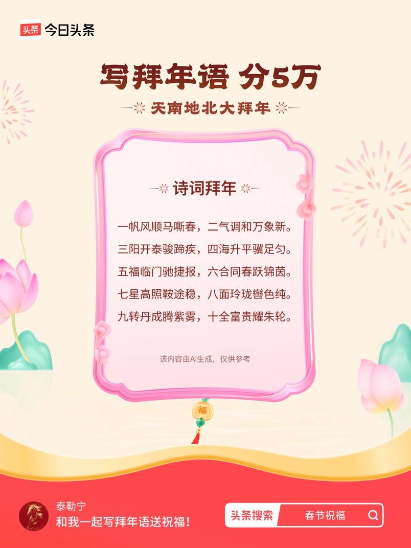 写拜年语送祝福新春拜年送祝福！我的祝福是：“一帆风顺马嘶春，二气调和万象新。三阳