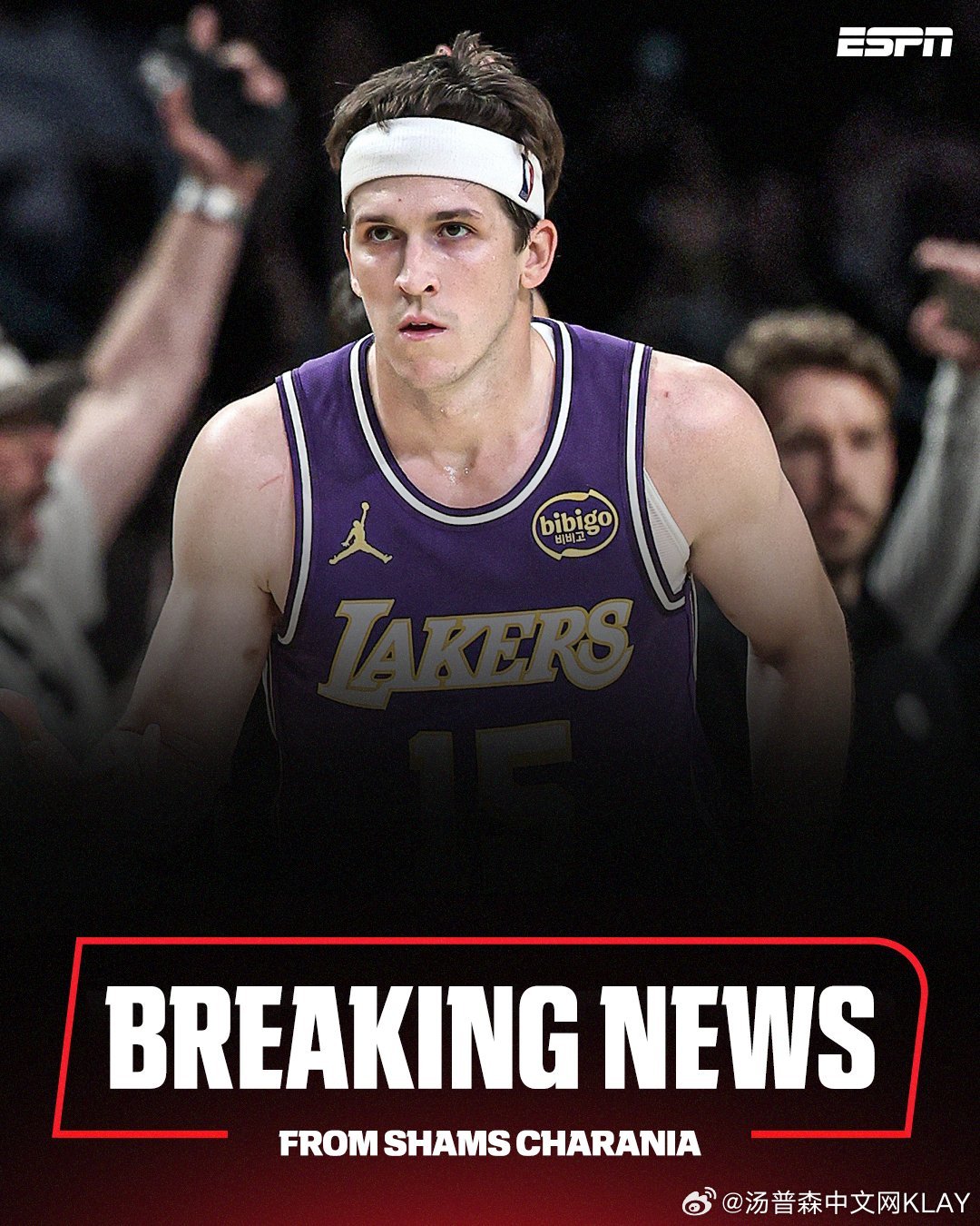 Shams：洛杉矶湖人队球员奥斯汀·里夫斯因二级腹斜肌拉伤预计将缺席四到六周。这