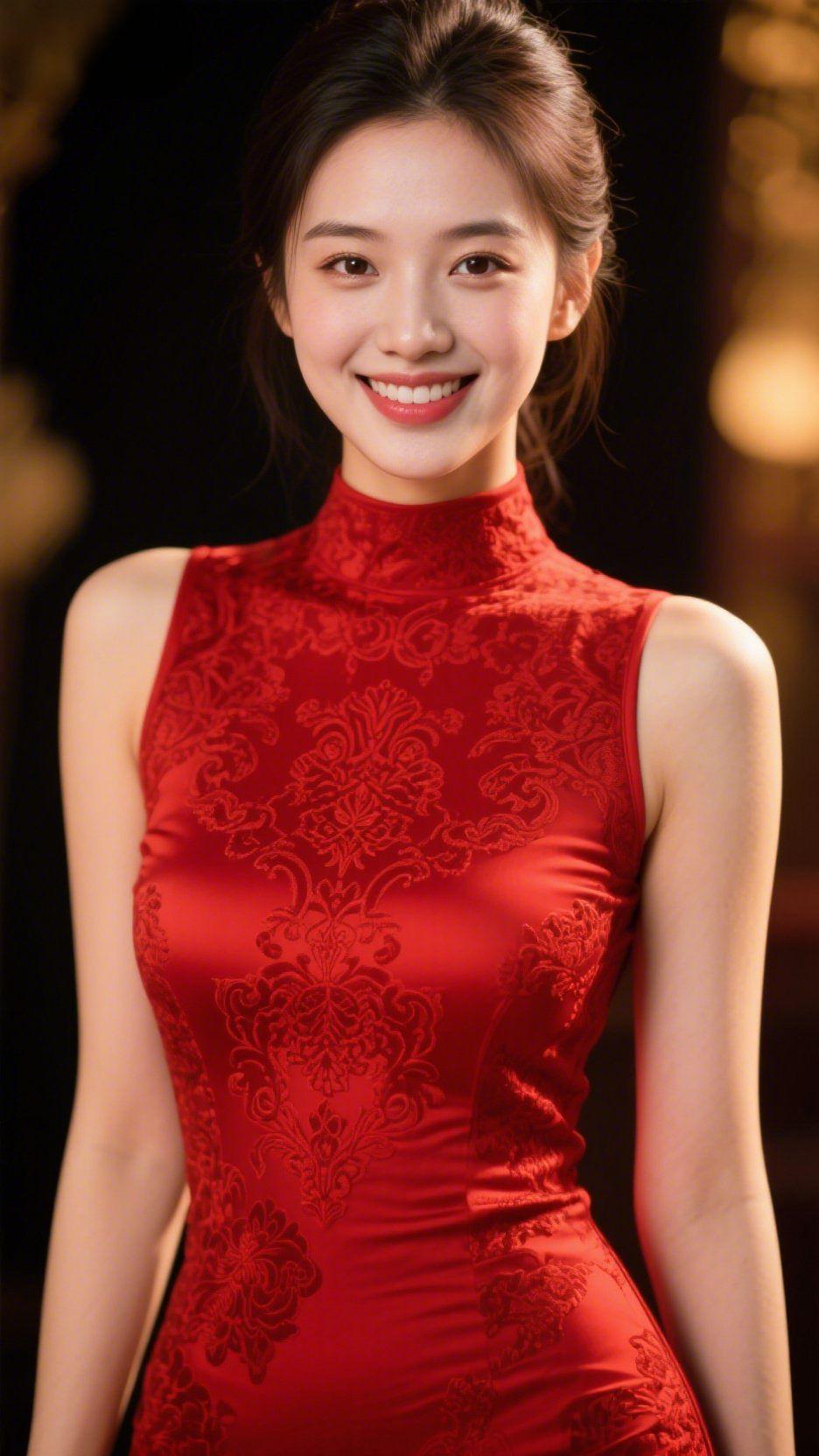 《红衣裹着东方雅》
 
暖光轻浸在深静的背景里，她立在其间，红衫如轻柔的霞色缀着