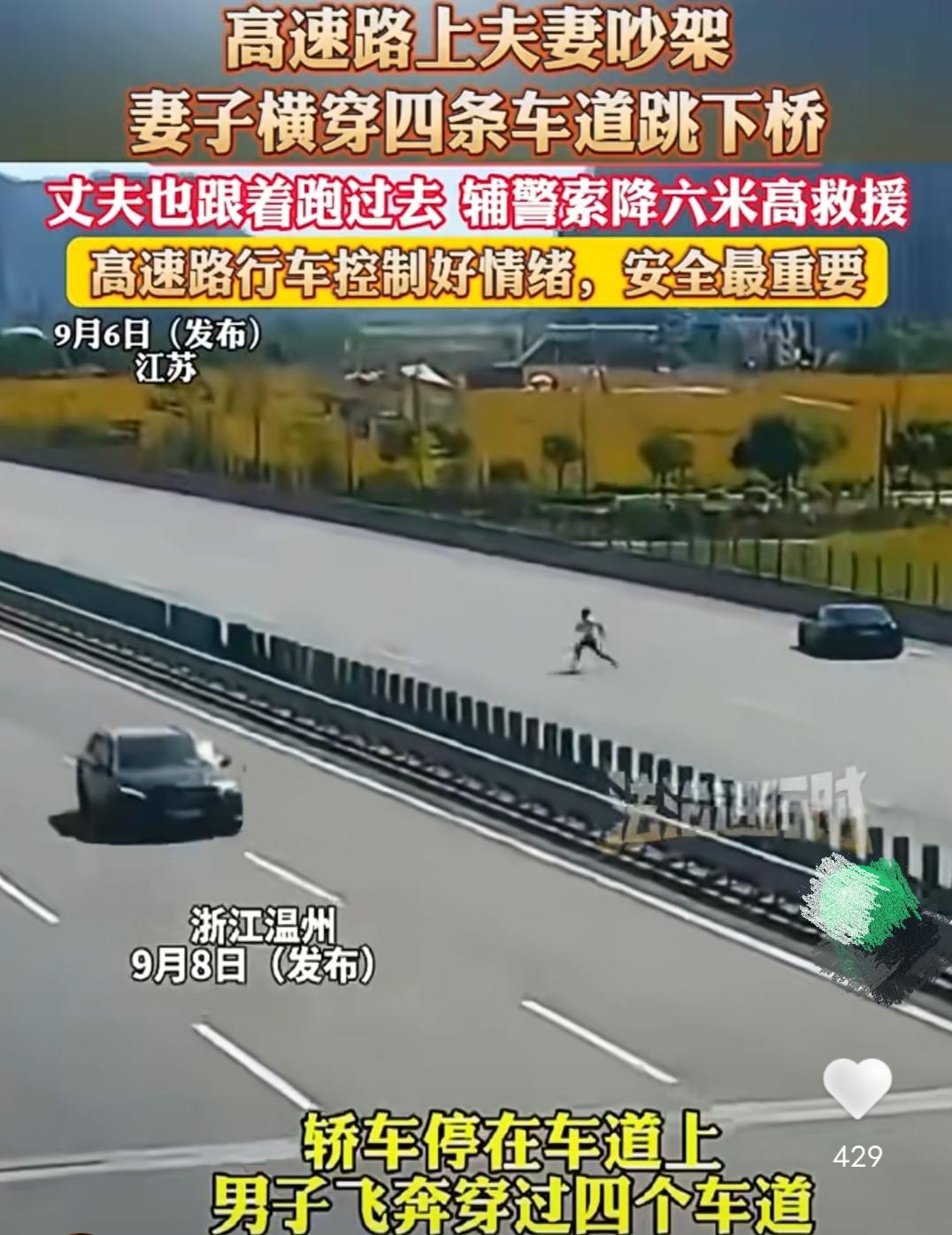 高速路上夫妻吵架，妻子横穿四条车道跳下桥，丈夫也跟着跑过去，辅警索降6米高救援！