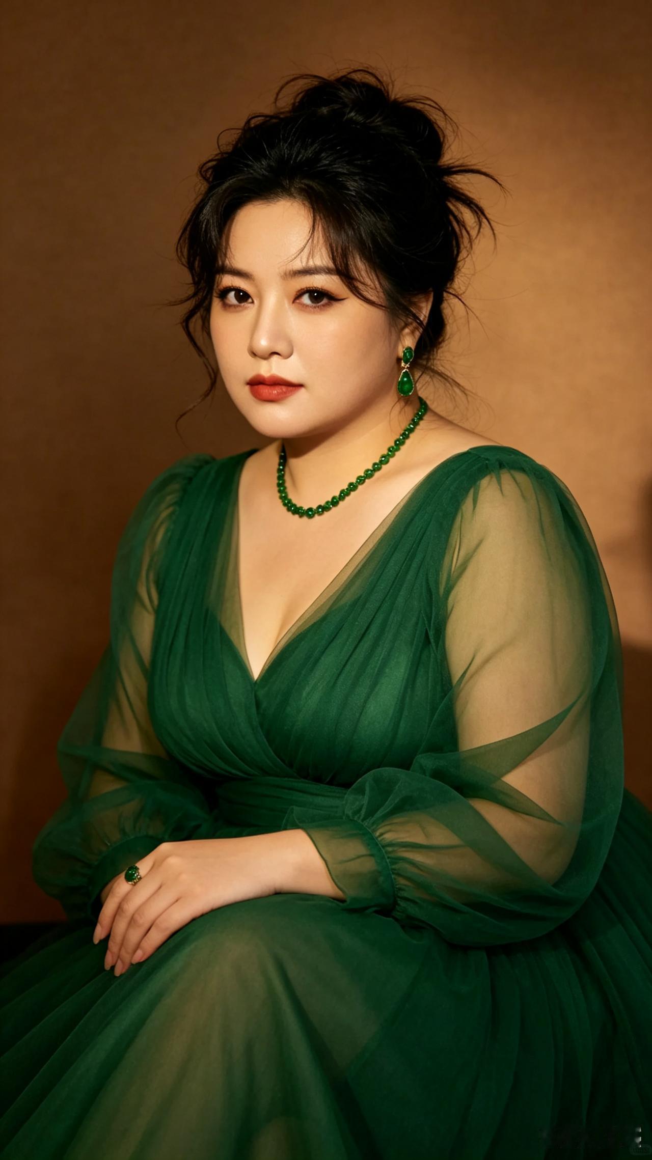 绿纱佳人
浅咖幽幕映娇颜，松挽云鬟带逸闲。
翠袂轻纱闲坐静，珠环翠饰映眸寒。
丰