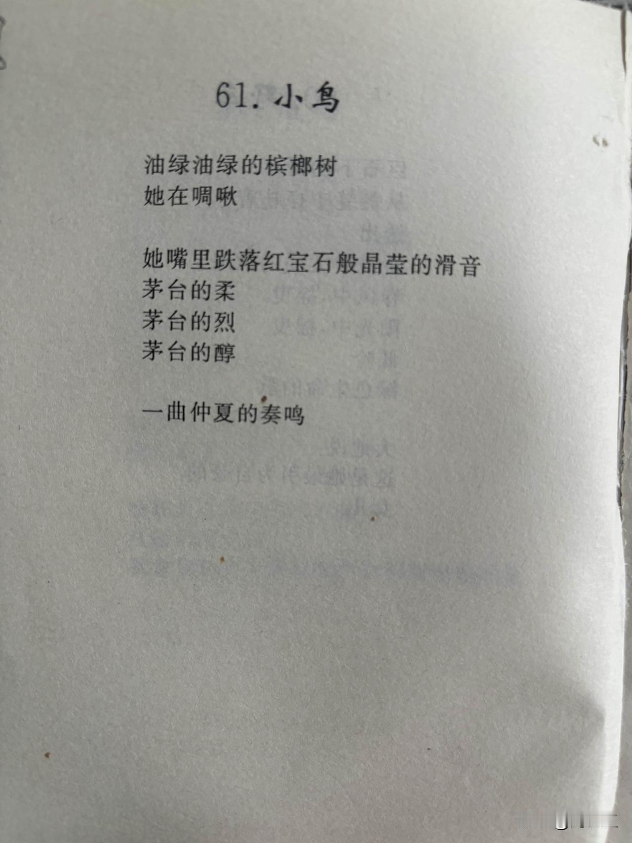 61.小鸟
油绿油绿的槟榔树
她在啁啾

她嘴里跌落红宝石般晶莹的滑音
茅台的柔
