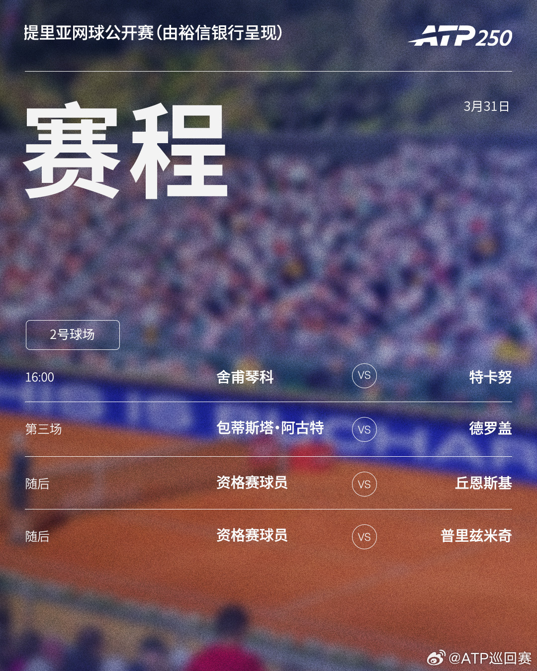 三站ATP250红土赛事周二继续首轮争夺，赛程见图(均为北京时间)👀⭕️法耶兹