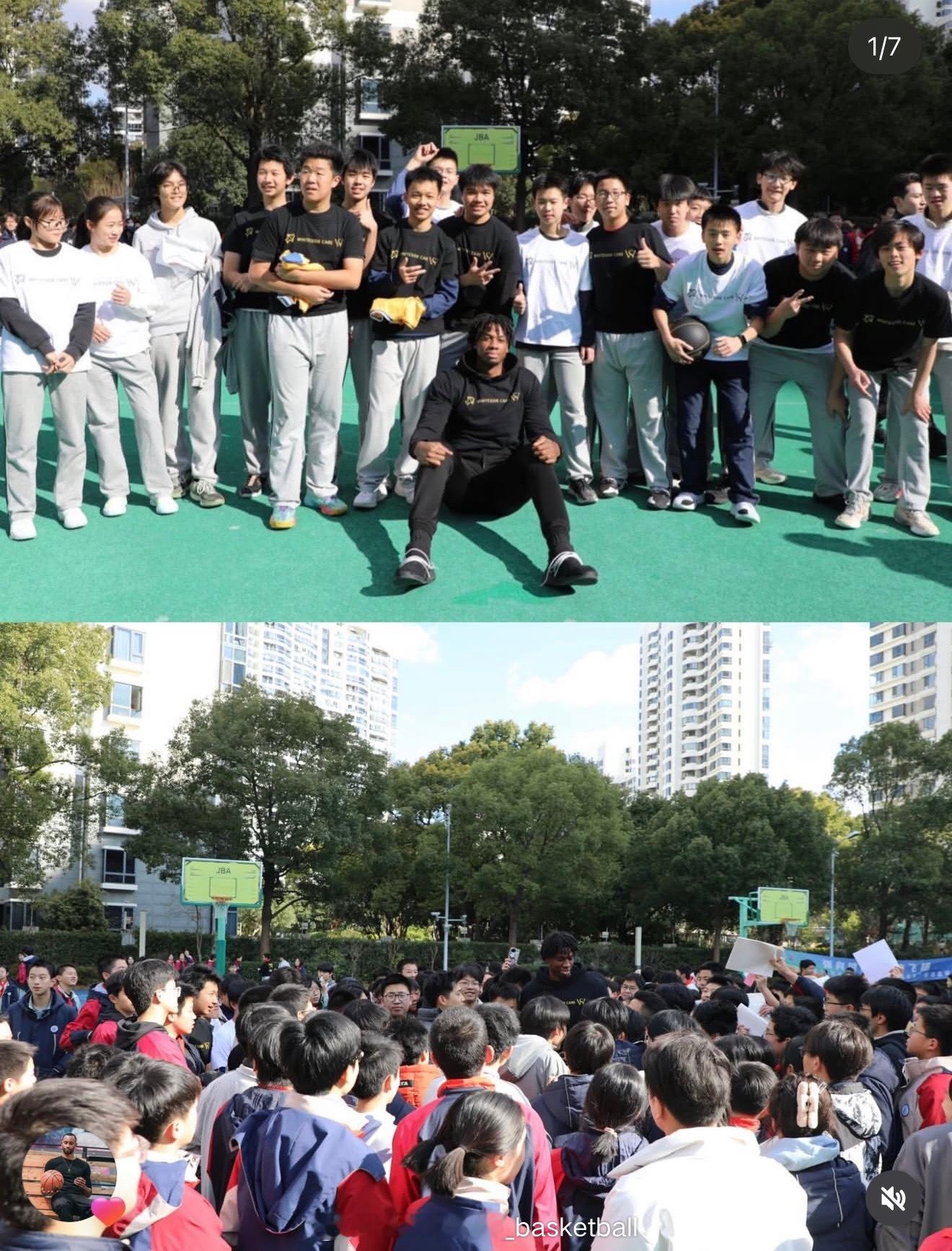 目前在上海久事效力的前NBA球星怀特塞德在社交媒体上分享了自己前往一所中国学校参