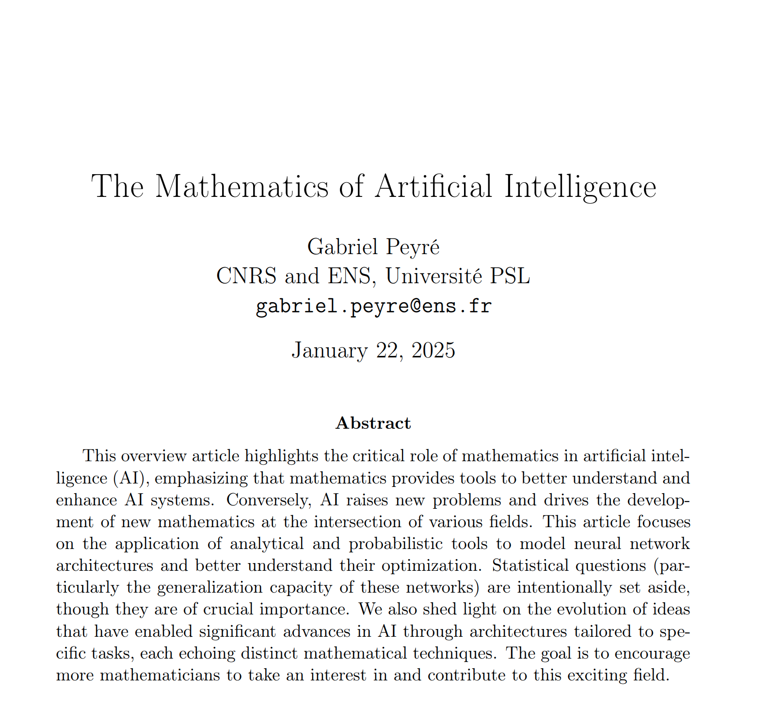 一篇论文：人工智能的数学原理 “The Mathematics of Artif