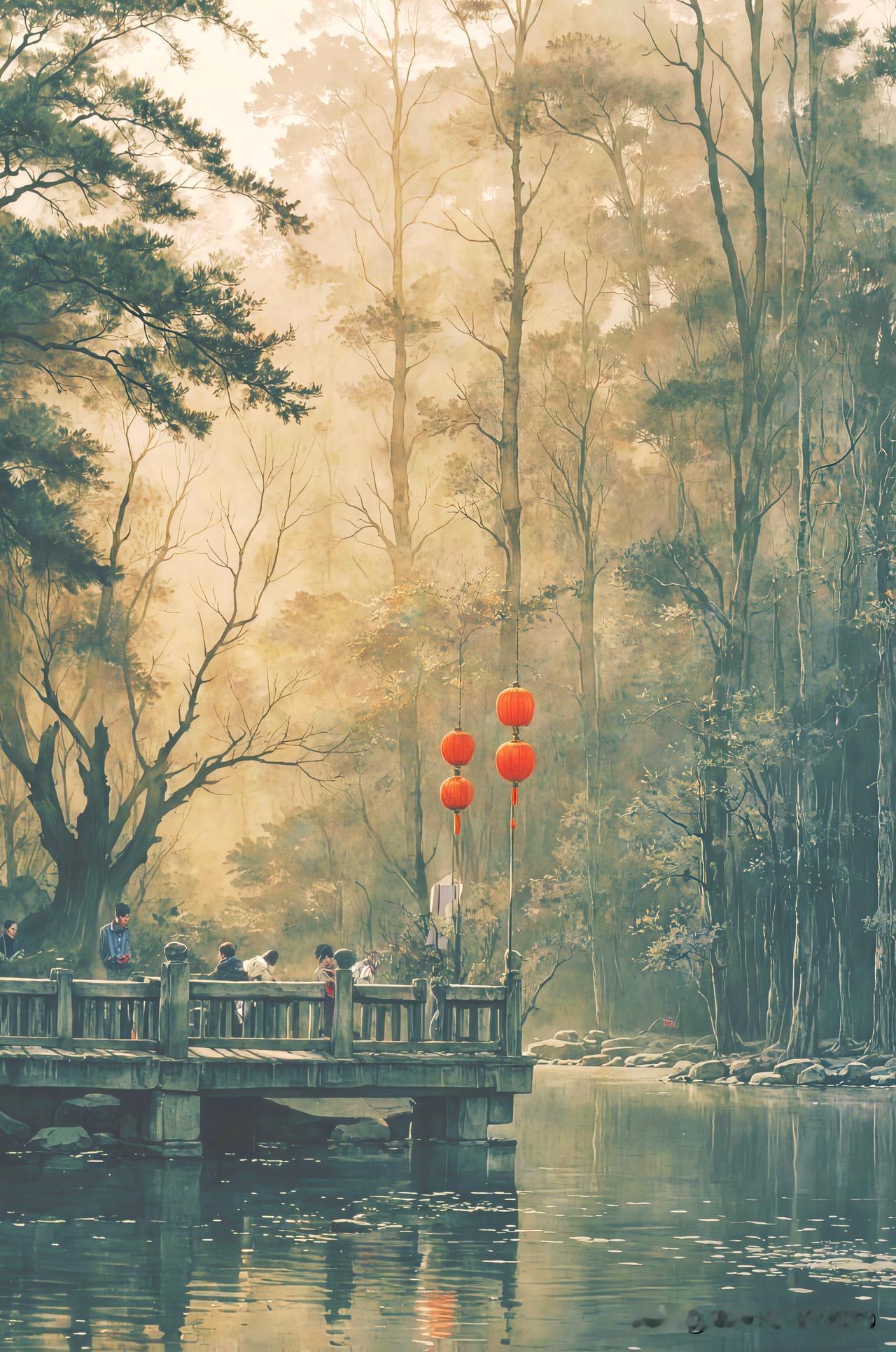 想象在贺州市爱莲湖公园，末伏前的傍晚，气温回落，人们漫步在湖边桥上欣赏风景。湖面