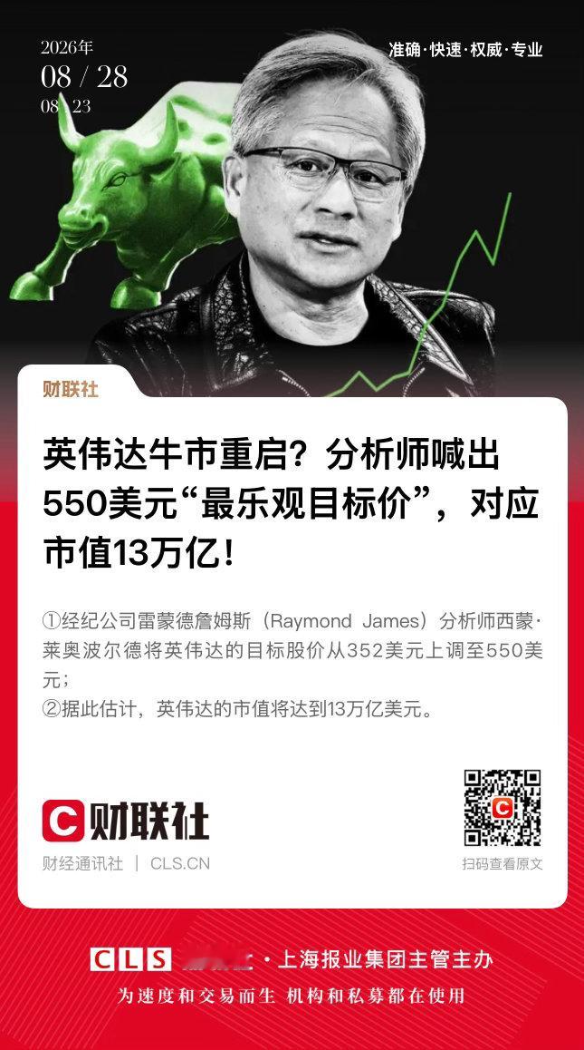 【 英伟达牛市重启？分析师喊出550美元“最乐观目标价”，对应市值13万亿！ 】