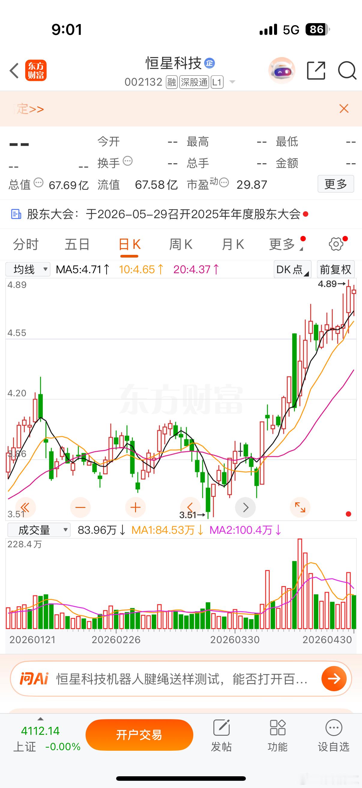 恒星科技5月6日短线操作预案1. 首次买票条件：9:35后，若平开或微幅低开，股