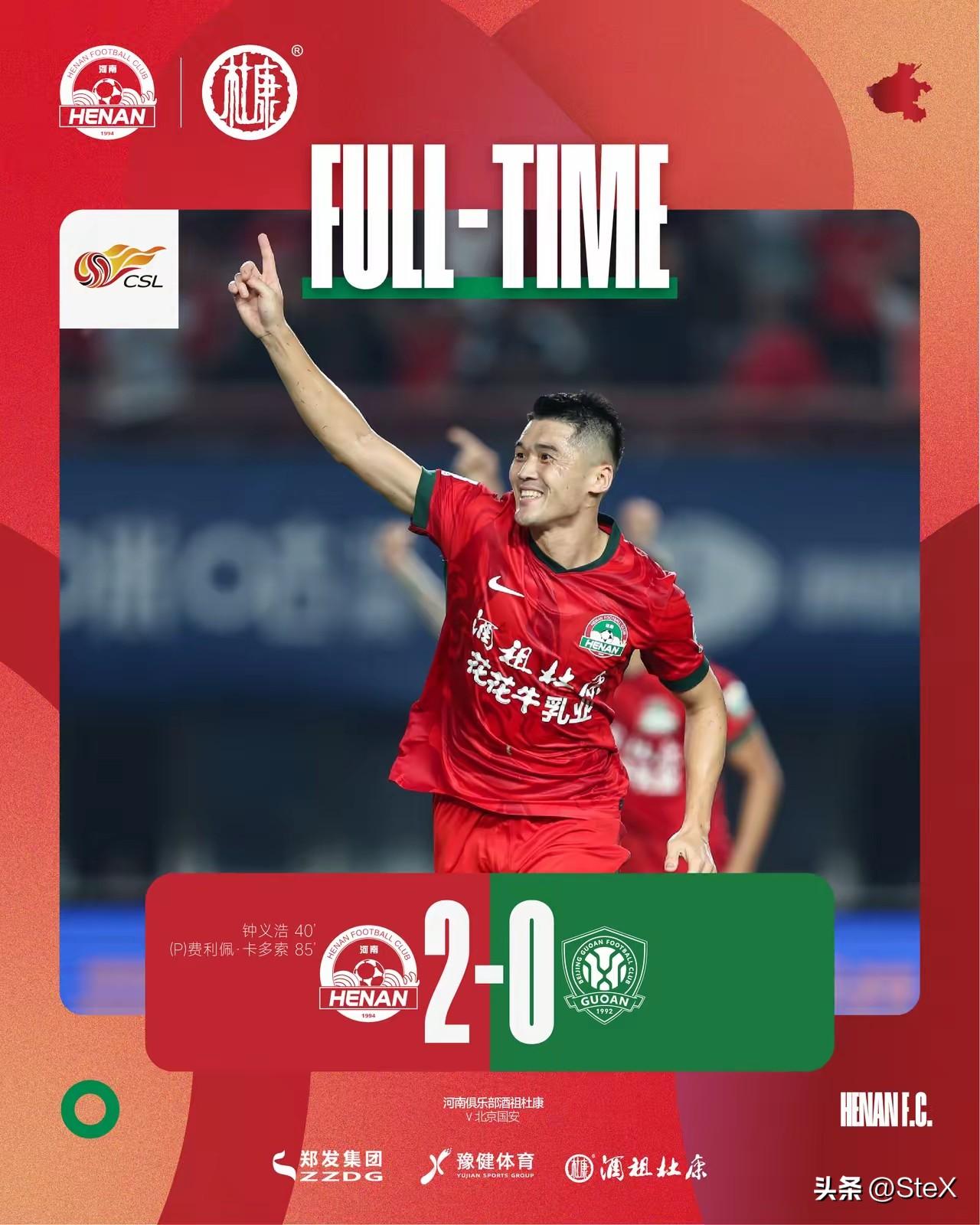河南又赢了，主场2比0北京国安！
数据完全碾压，按地摩擦！

钟义浩河南百场完美