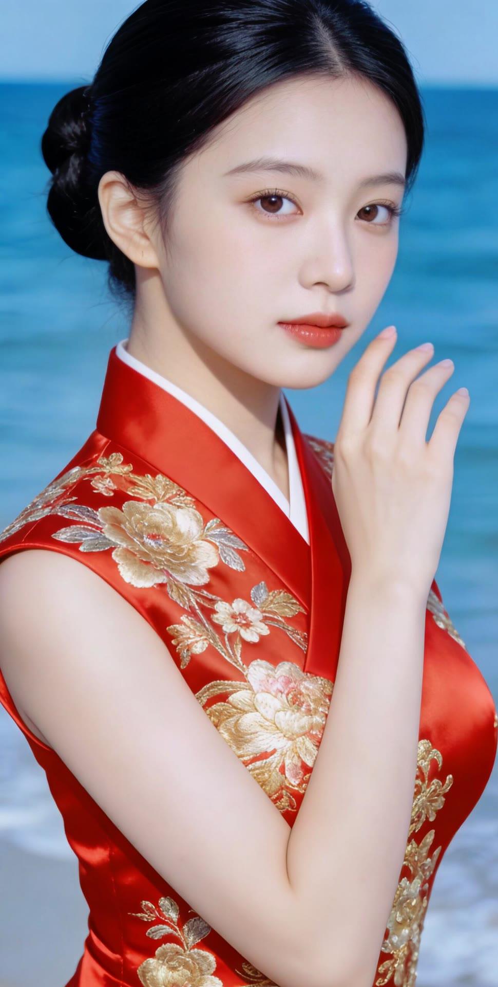 海边红衣少女，优雅动人，宛如画中仙子。