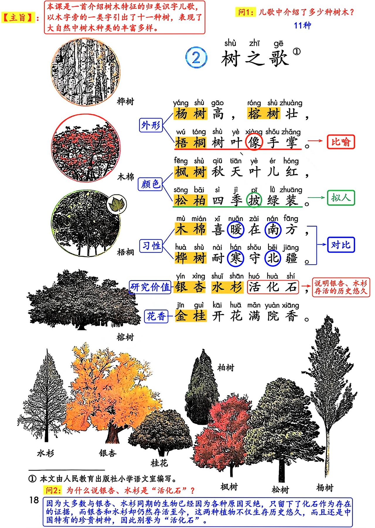 二年级上册语文，第二单元识字2《树之歌》课堂学习笔记，暑假提取预习