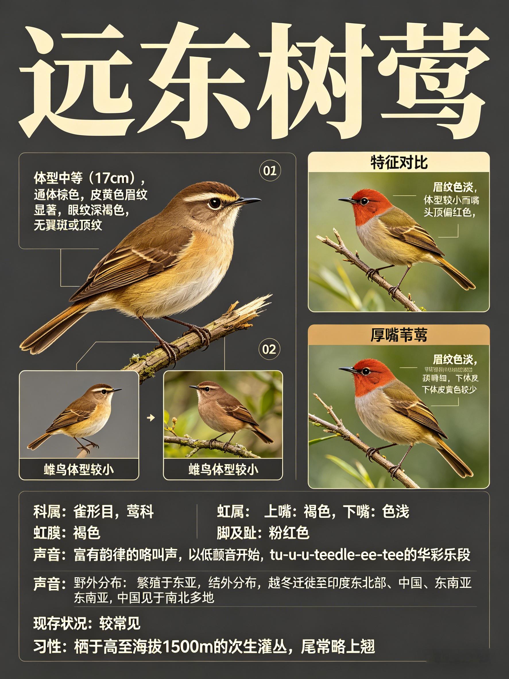 鸟类朋友图鉴 远东树莺·科属：雀形目，莺科。·外形特征：体型中等（17cm）且通