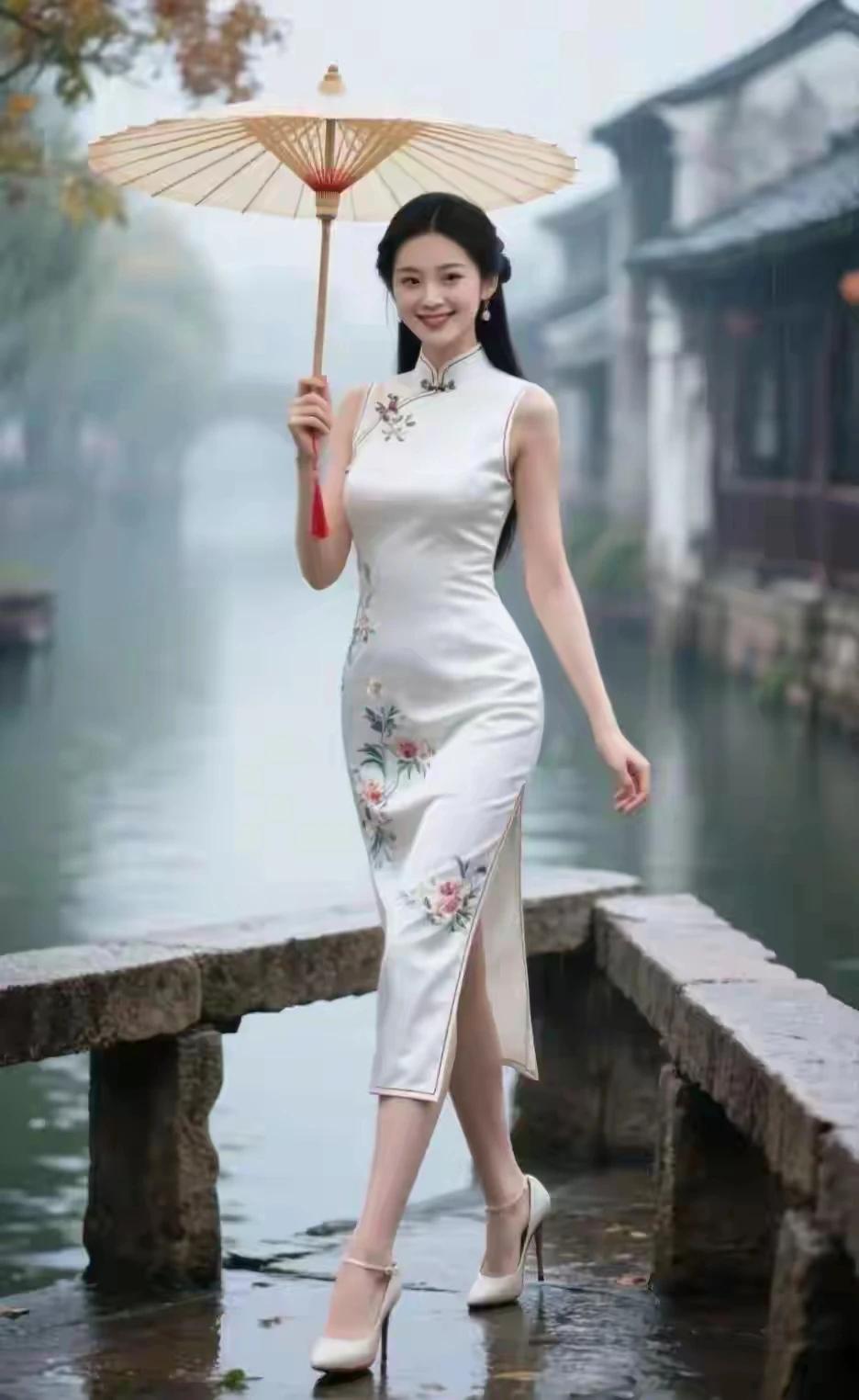 中国旗袍，百年传承。
国风古韵，经久不衰。
贴身裁剪，凸显性感。
江南水乡，流动