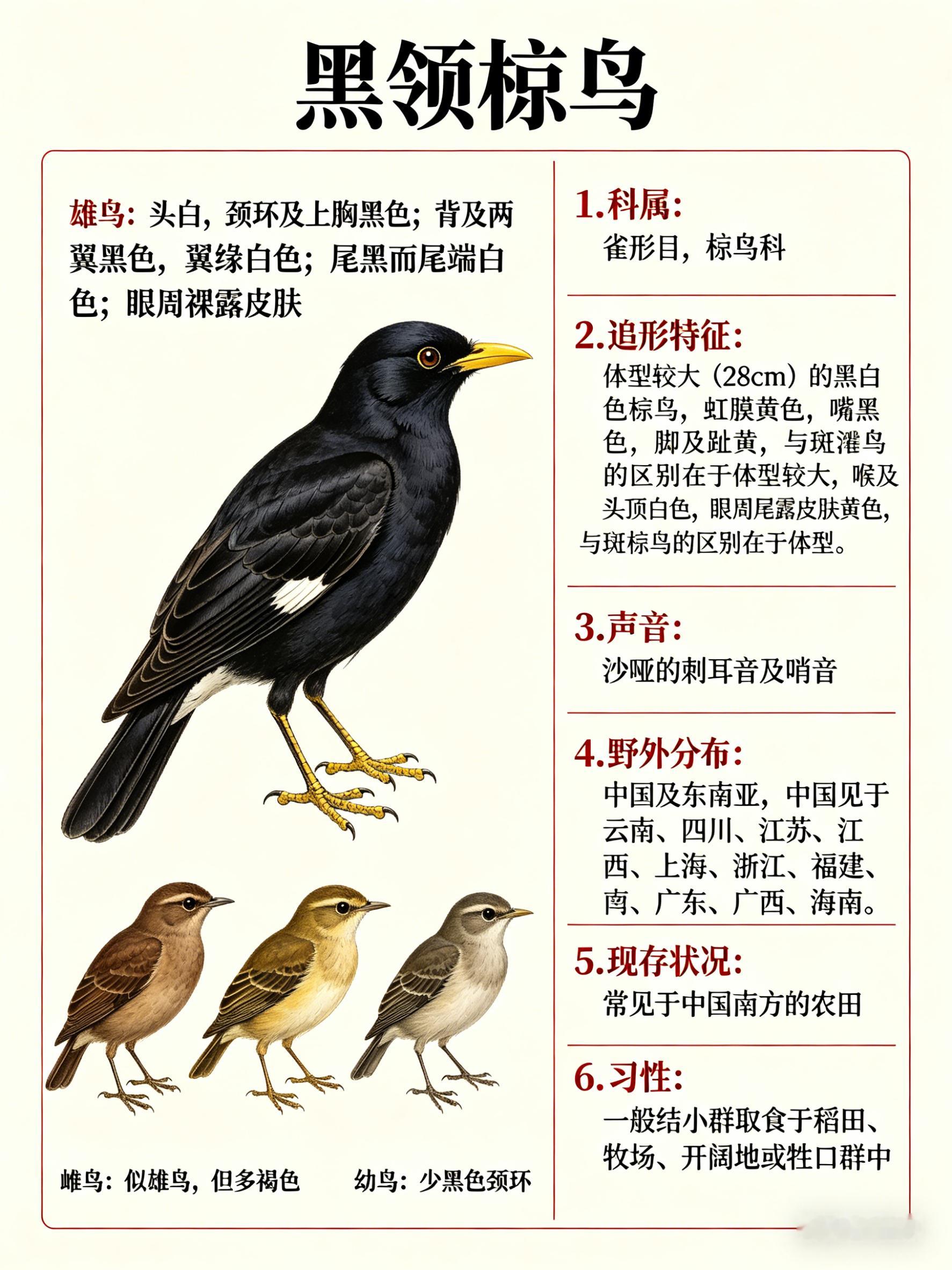 鸟类朋友图鉴 黑领椋鸟·科属：雀形目，椋鸟科。·外形特征：体型较大（28cm）的