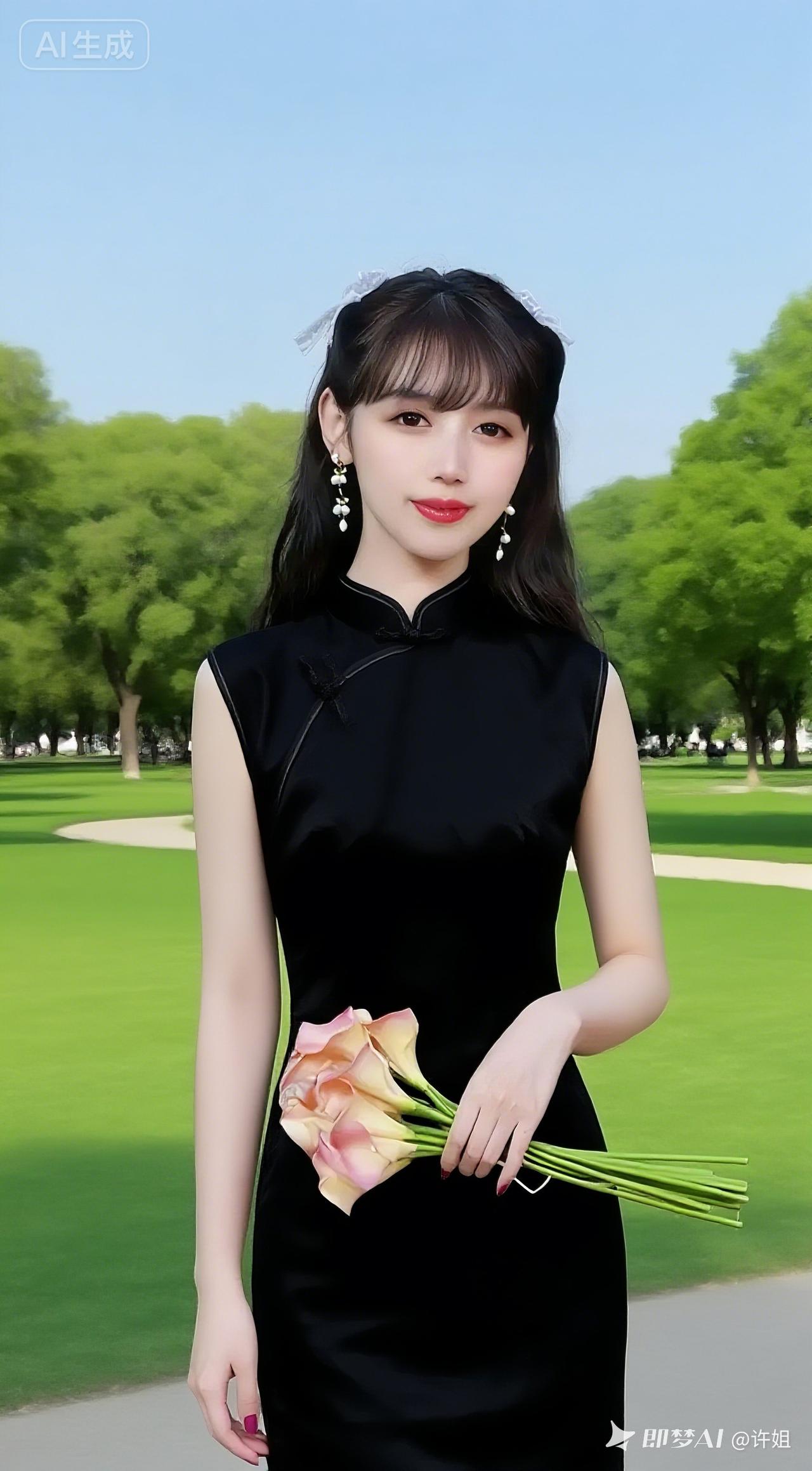 身着黑裙的女子，手捧粉色百合，走在绿意郁郁的公园里。微风拂过，裙摆轻轻飘动，百合