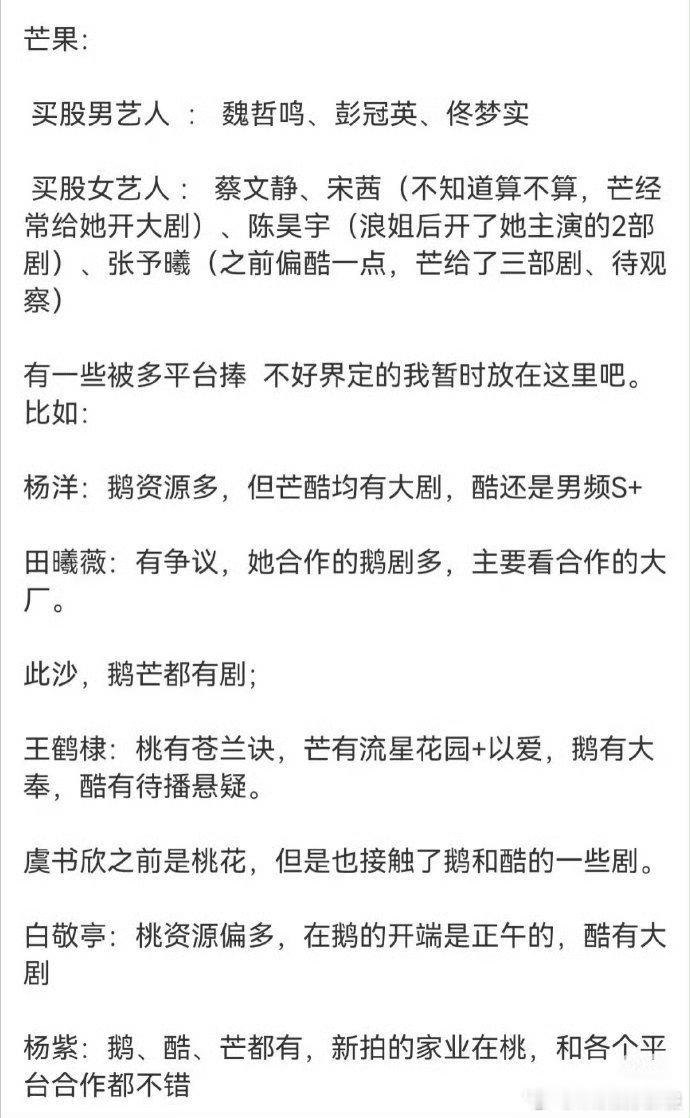 网友整理出四大平台力捧艺人，爱奇艺的张凌赫、邓为，腾讯的许凯、孟子义，优酷的李宏