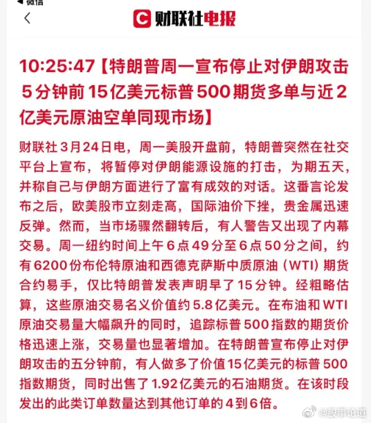 在特不靠谱宣布停止对伊朗攻击的五分钟前，有人做多了价值15亿美元的标普500指数