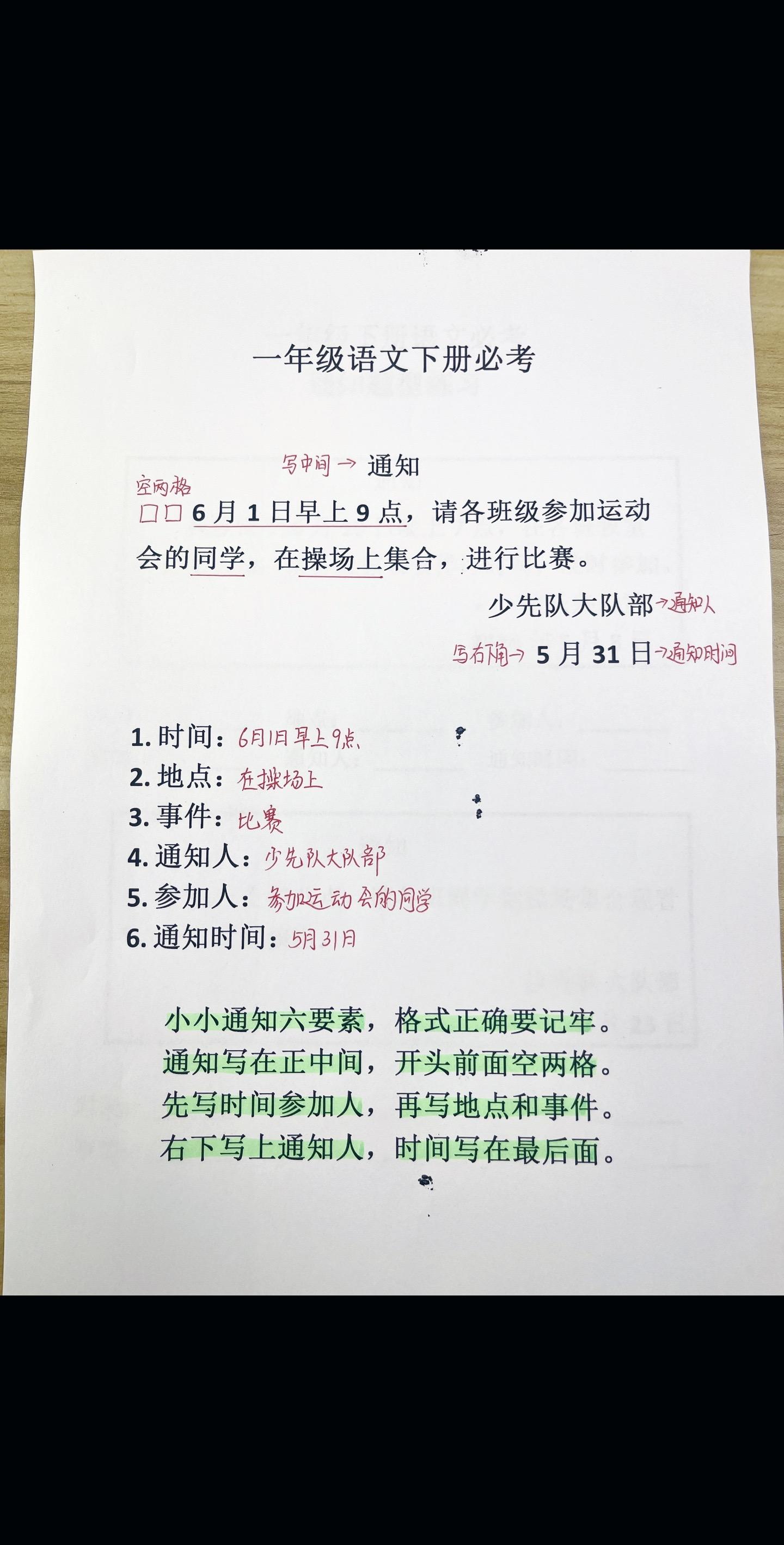 一年级下册必考通知题型。一下语文必考的通知题型给孩子练练吧