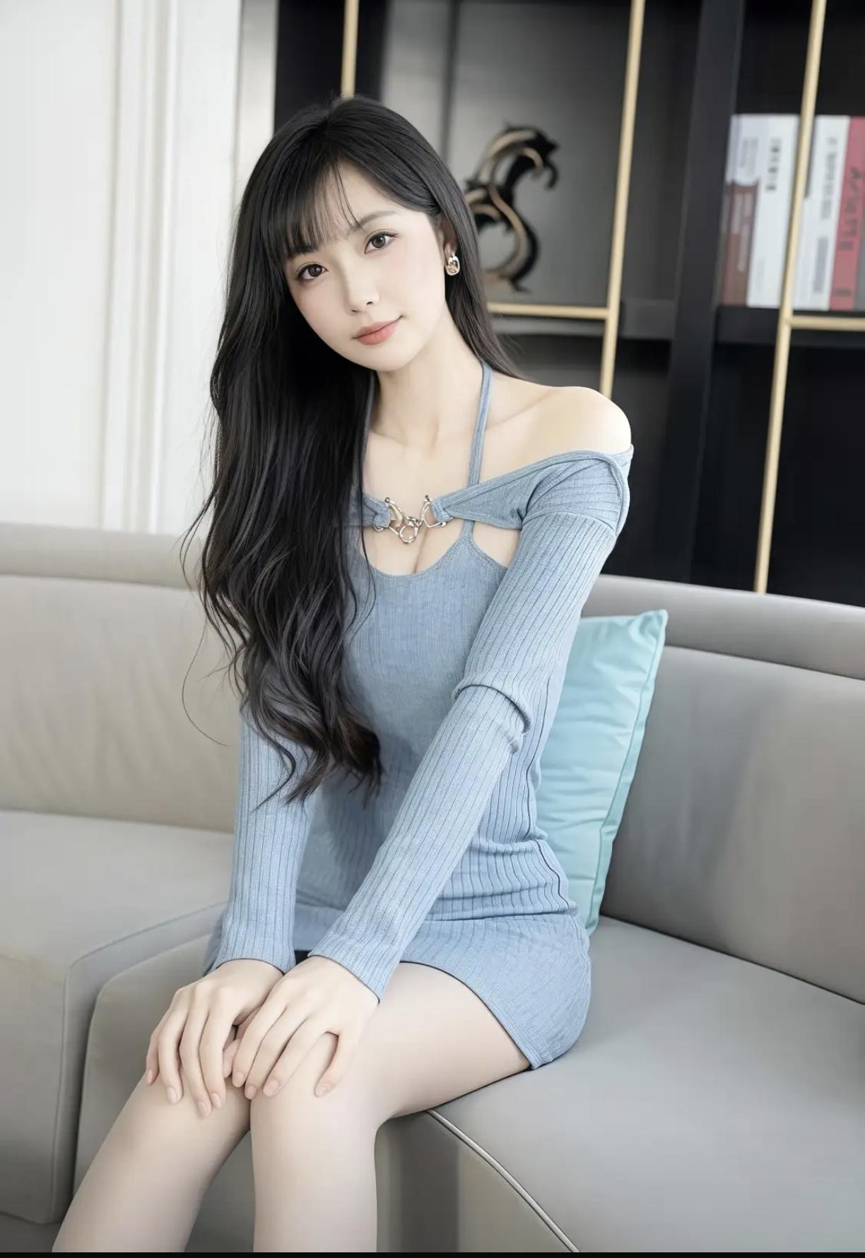 乌黑波浪长发衬着齐整刘海，眉眼干净澄澈，眼波温润似水，淡妆清雅不艳俗。小巧耳饰点