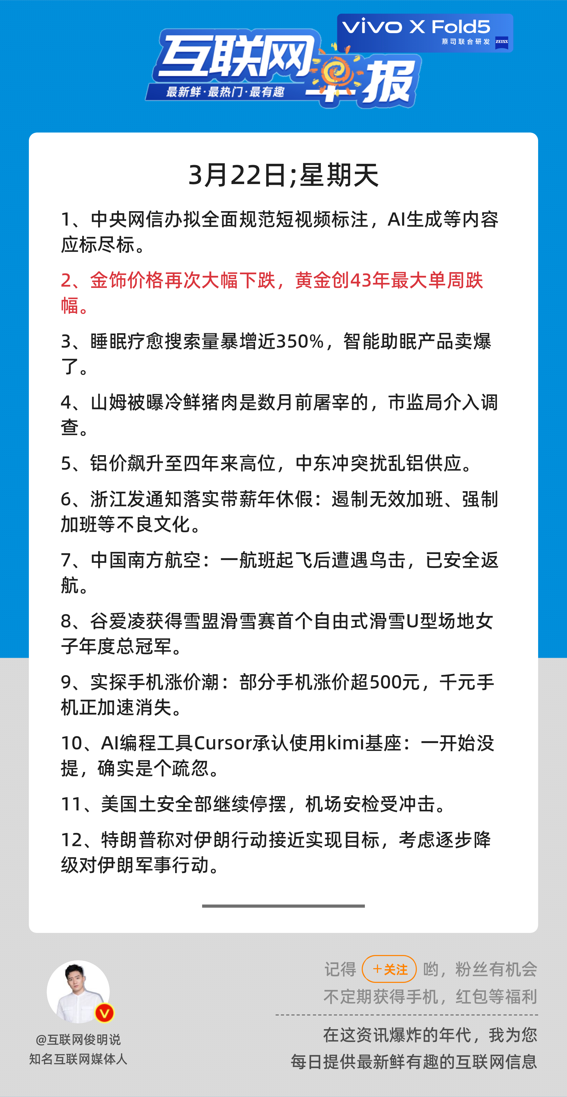 3月22日，星期天，《第3085期》；互联网早报，众览天下事关心第2条：金饰价格