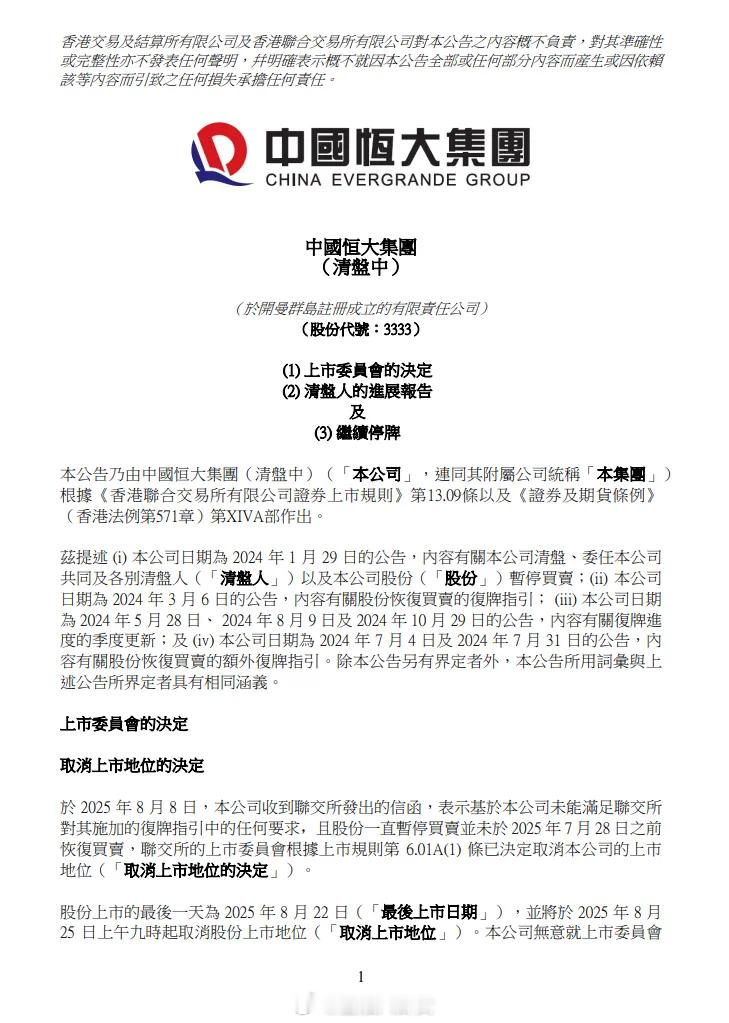 中国恒大：将于8月25日取消上市地位！市值仅剩20亿元。 ​​​