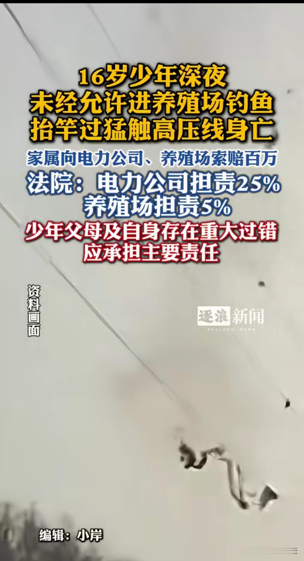 辽宁，一名16岁少年和表哥在半夜偷偷进入养殖场钓鱼，结果被高压线电死。事后，少年