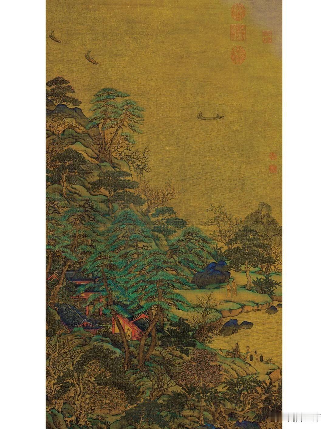 唐代李思训《江帆楼阁图》，完全是把盛唐贵族眼里的山水直接钉在了绢布上。
整幅画用