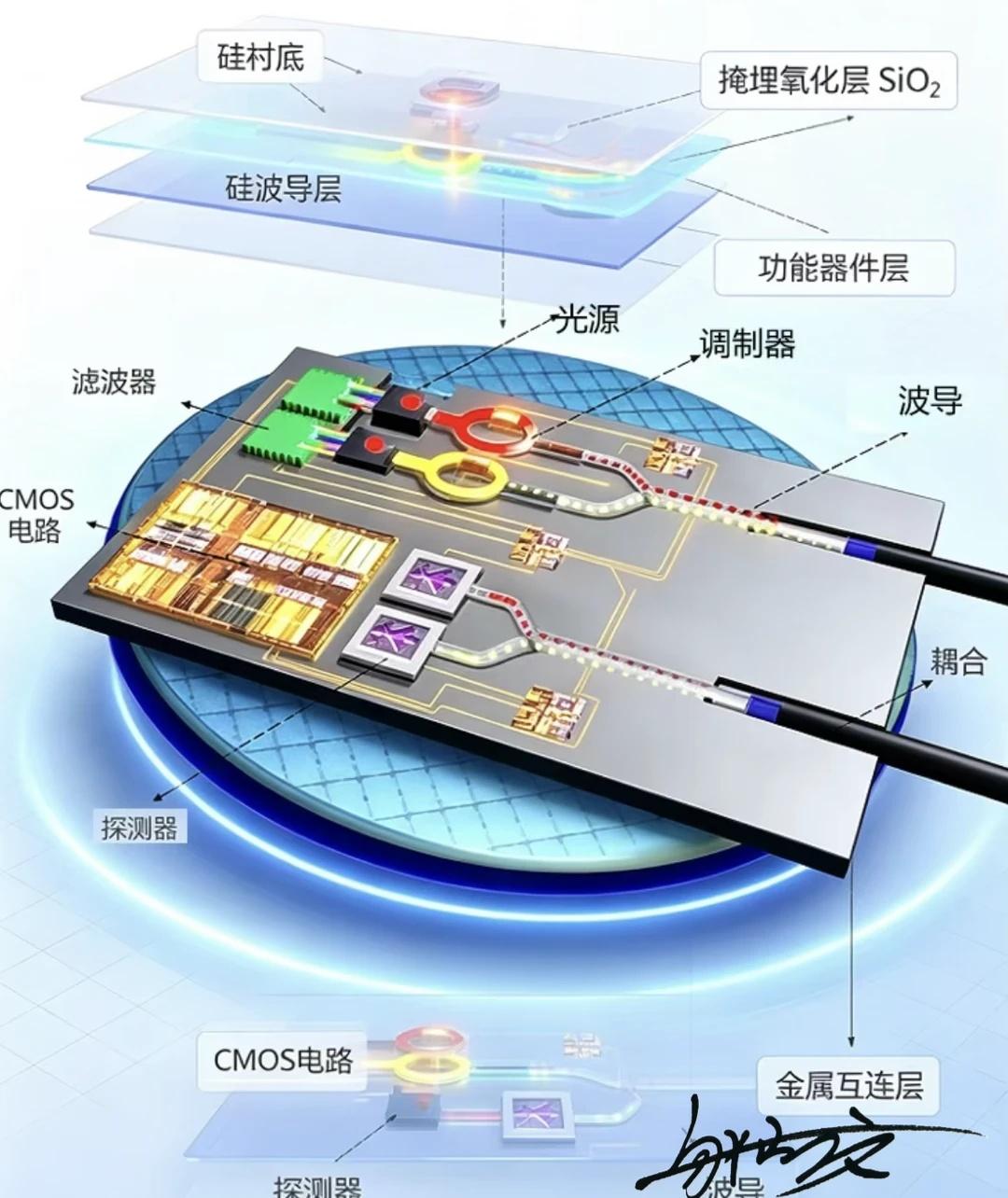 硅光芯片也叫硅光子，英文全称：Silicon Photonics，它是在硅基晶圆