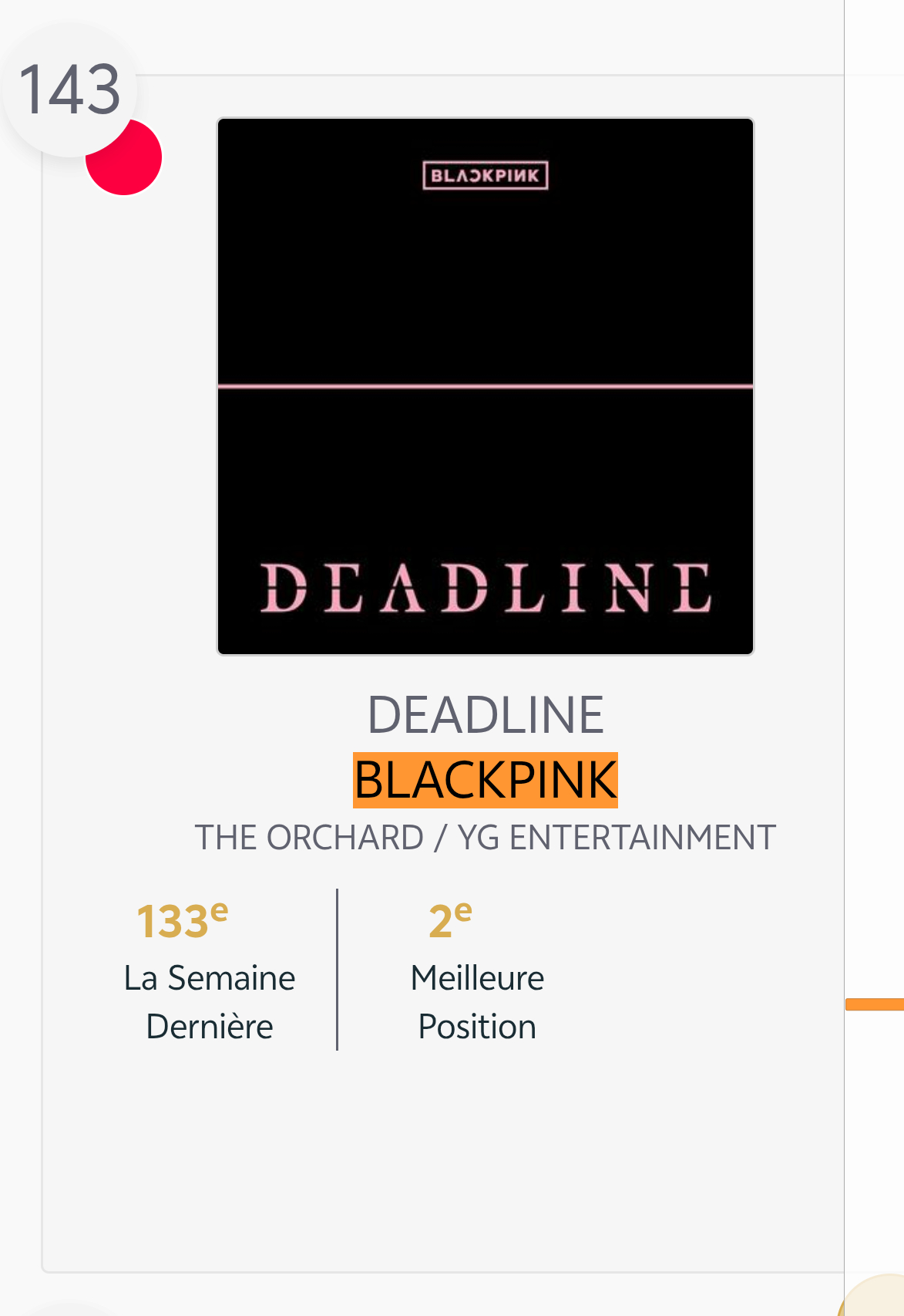 BLACKPINK 本周snep法国🇫🇷官方专辑榜143（-10）DEADL