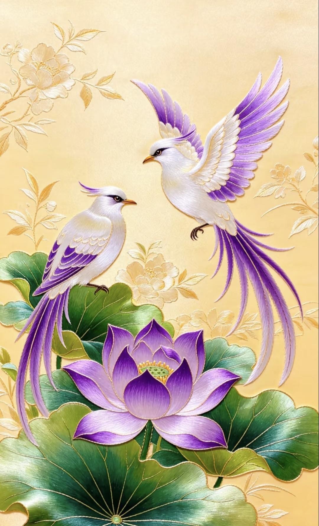 针尖上的艺术
紫羽双鸟戏莲开，金辉流转如梦来。这抹梦幻的紫，是生活里最温柔的浪漫