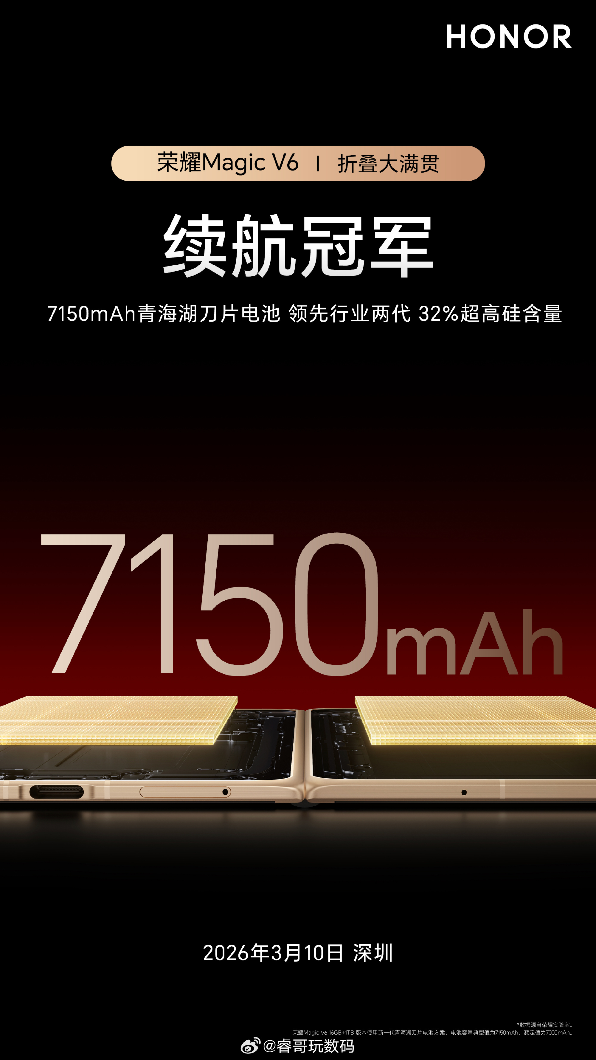 荣耀Magic V6 在仅8.75mm的极致轻薄机身内，搭载新一代青海湖刀片电池